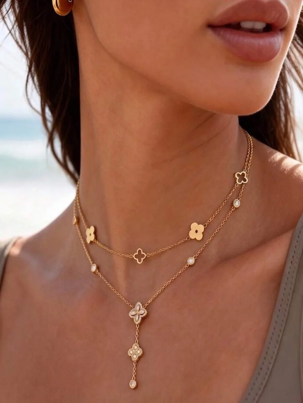 Delicate Gold Layered Floral Necklace with Crystal Accents